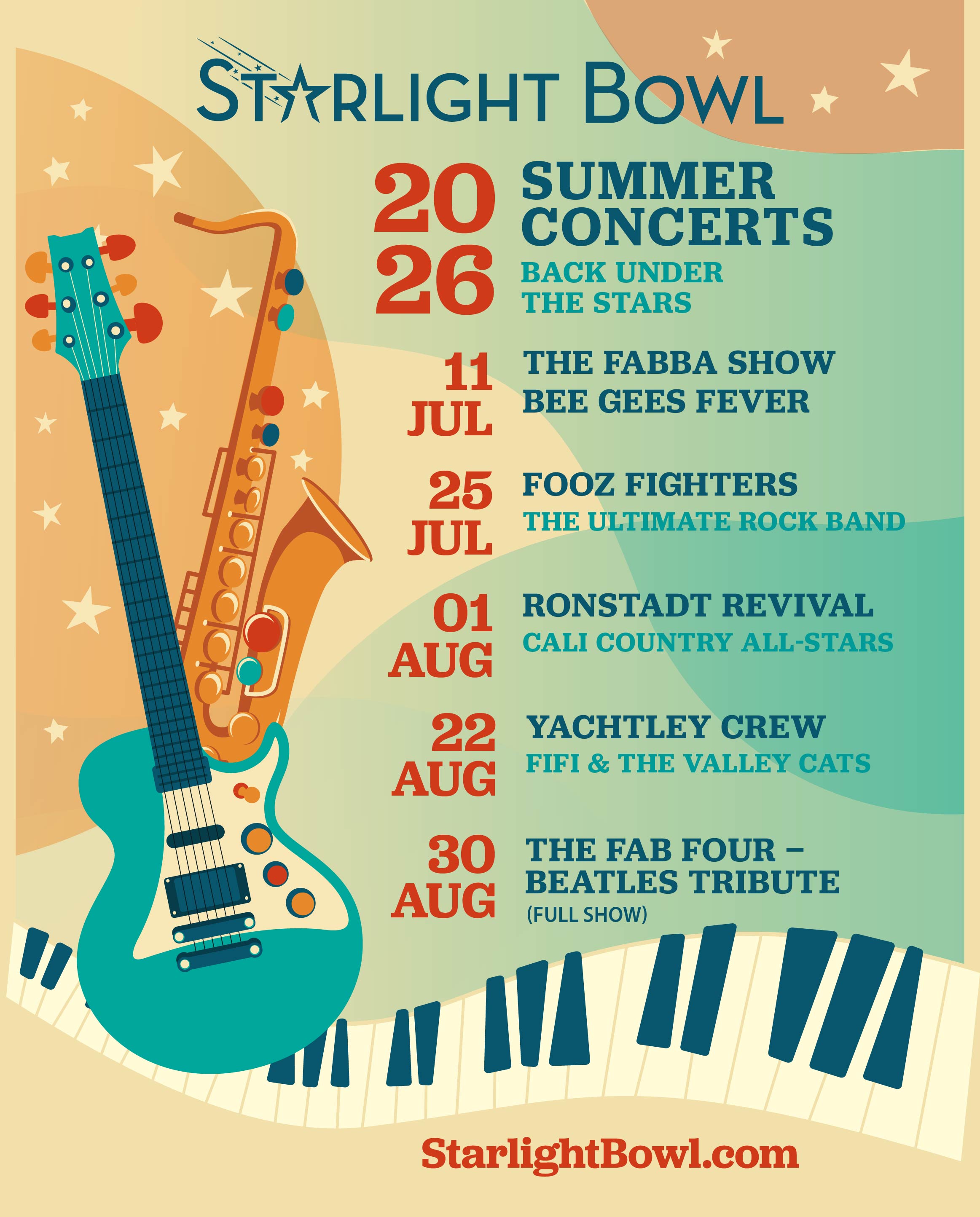 2026 Starlight Bowl Summer Concerts poster — The Fab Four rescheduled to August 30